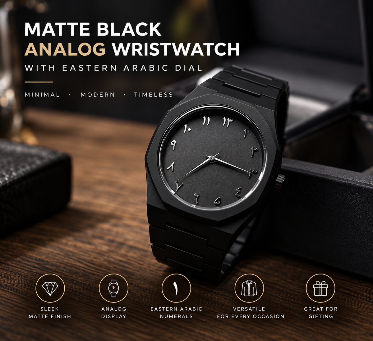 Matte Black Analog Wristwatch with Eastern Arabic Dial